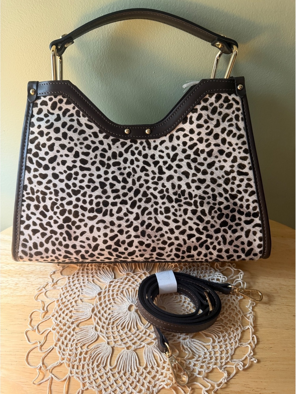 Black and White Chaval Dalmatian Print Satchel Handbag with Shoulder Strap